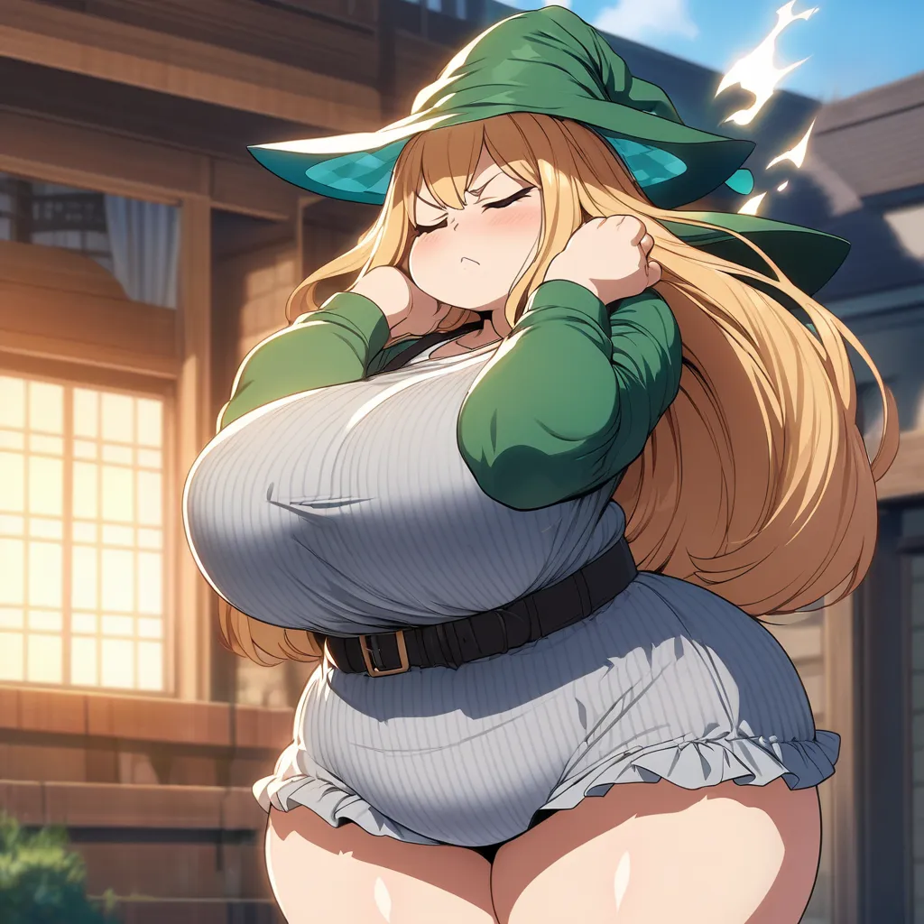 Anime, high detailed, Chubby girl, plump, cute pose, tall, Large breasts, curvy body, closed eyes,  casual clothes, Witchs hat, serious, green fiering aura