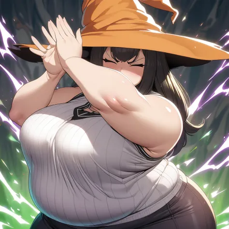 Anime, high detailed, Chubby girl, plump, cute pose, tall, Large breasts, curvy body, closed eyes,  casual clothes, Witchs hat, serious, green fiering aura