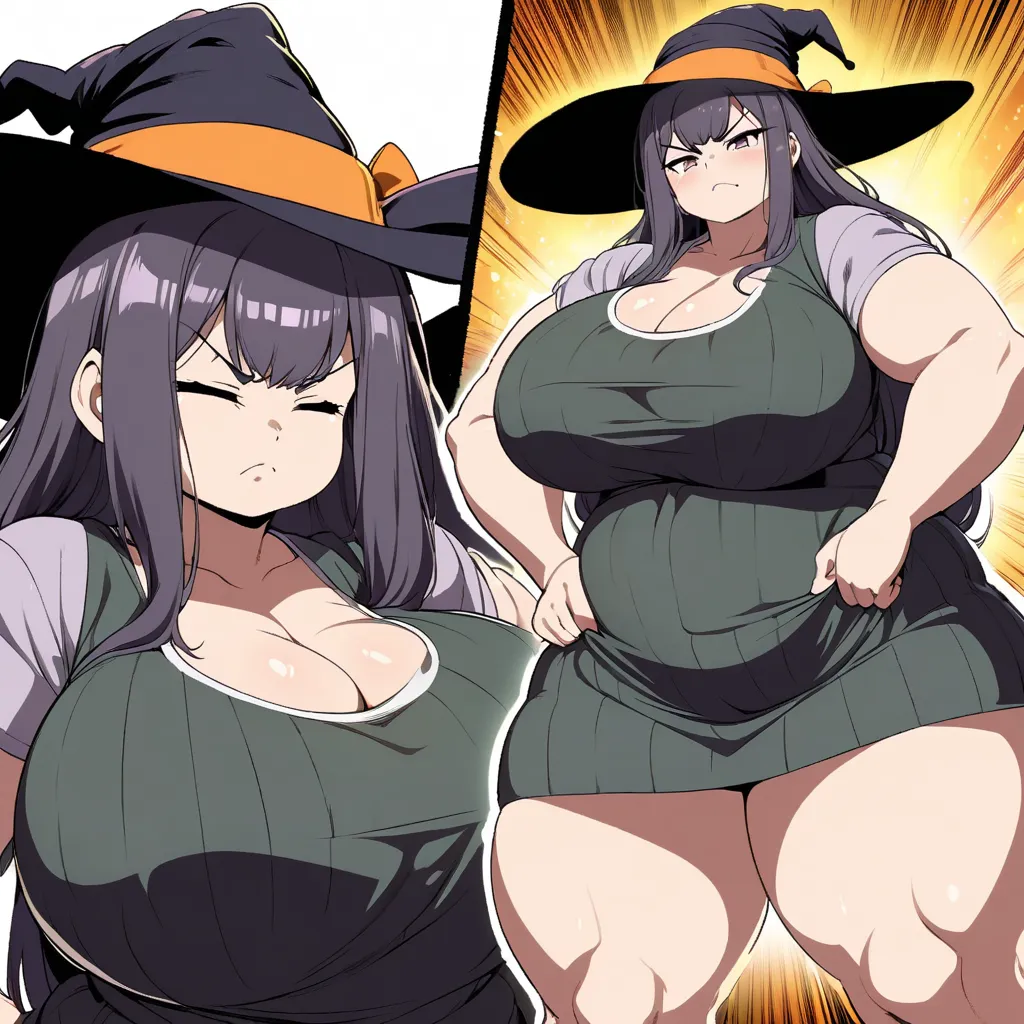 Anime, high detailed, Chubby girl, plump, cute pose, tall, Large breasts, curvy body, closed eyes,  casual clothes, Witch's hat, serious, green fiering aura