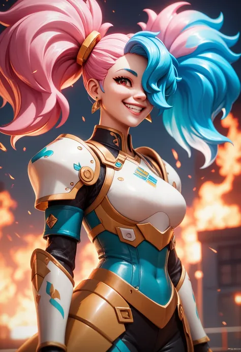 best quality, 4k, masterpiece, extremely detailed, High Detail, 1girl, solo, peri, blue hair, hair over one eye, multicolored hair, twintails, pink hair, red eyes, two-tone hair, armor, smile, Burning city background