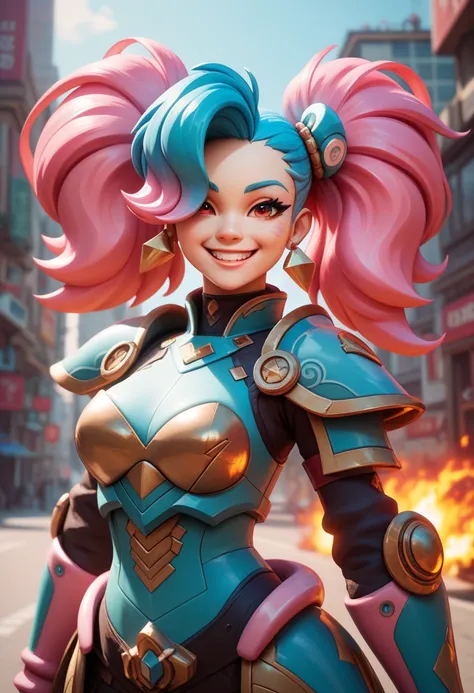 best quality, 4k, masterpiece, extremely detailed, High Detail, 1girl, solo, peri, blue hair, hair over one eye, multicolored hair, twintails, pink hair, red eyes, two-tone hair, armor, smile, Burning city background