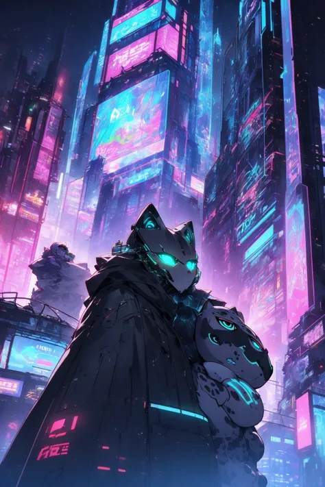 A mysterious man wearing a black cloak and a cute cat mask, standing bravely as he rescues a cute cat from a monstrous, cyberpunk-themed robot. The mechanical monster, with glowing eyes and sharp metallic features, towers over the man in a dark, neon-lit c...