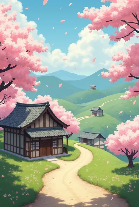 Cherry blossom trees scatter delicate pink petals in the breeze, and a quaint wooden farmhouse sits near a rustic dirt road.