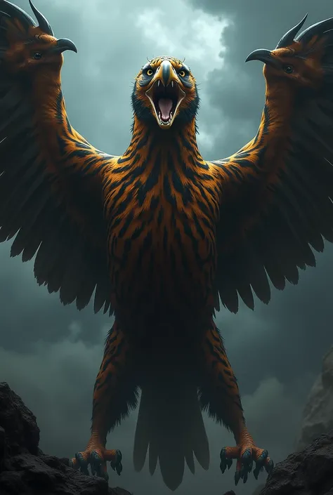 Make a scary and large American eagle with wings and combine it with a black striped African tiger and make it a single creature that looks like a dragon 