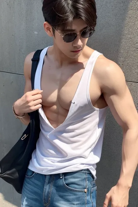 man wearing tank top、 Cut Deep V to the Waist 