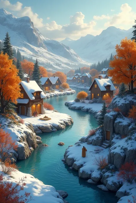 Make a rectangle image . A snow winter and a fall theme small landscape village with houses and people here and there and a water path in the centre leading to a crib of were Jesus was born with visitors 