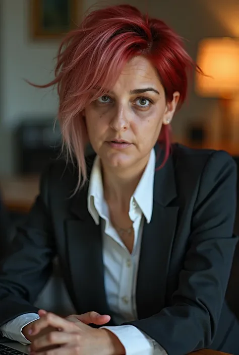 A beautiful woman with red and white Pixie hair,  detailed eyes , nose, and lips,  wear a professional outfit ,  sitting in your office , With your computer , hp computer ( best quality ,4K,8k, highres icon, masterpiece :1.2), ultra-detail,(realistic,photo...