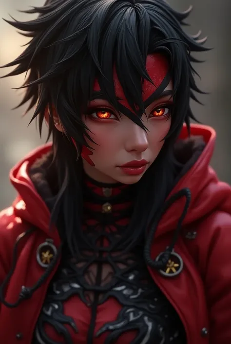 a close up of a person in a black and red outfit, concept art inspired by senior character artist, trending on cg society, digital art, valorant character, 8 k character details, 8 k character concept art, 8k character concept art, fighting game character,...