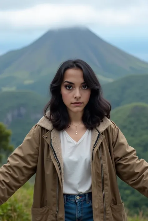 Real human photo, Fika is a young woman with shoulder length  wavy  black hair and fair skin. She has well-defined eyebrows, large black eyes, and a neutral expression on her face. She is standing and spreading hands at top of mount Semeru Indonesia, her e...