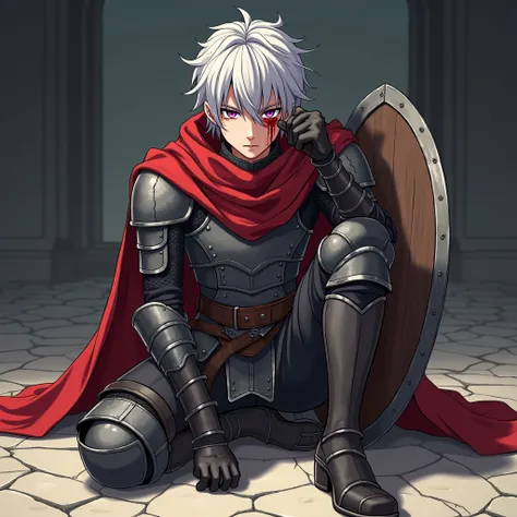 Anime guy, Sitting on a cracked floor ,  on one knee and holding his right eye with his right hand,  with a bloody scar .  Purple strict eyes are full of rage ,  and silver hair stained with blood is woven into a braid .  in his left hand he holds a cracke...