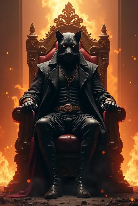 A   ,   sitting on the throne against a background of fire, clothing. Made of black leather and the face of a panther 