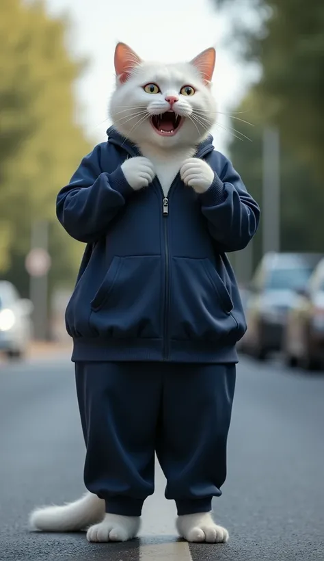 on the main road, a tall white mother cat wearing a tracksuit and navy blue tracksuit trousers stood bent slightly, with a shocked expression (mouth slightly open) with her hands closed towards her mouth.