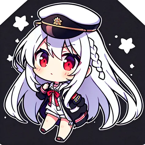 Long Hair,   Braided  , White Hair,  No emotion, White military cap , red eyes,   white shirt, Black tie,white short hoodie,   1 girl, 