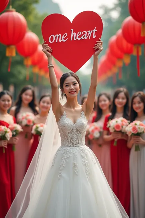  Bride poses for group photo in white dress ,  wedding photo ,  Professional wedding photography ,  Ruan Jia and Fenghua Zhong ,  holding red paper in heart shape with text "one heart ". Shared background , Wu Liu,  inspired by Chang Dai-chien ,  Photo tak...