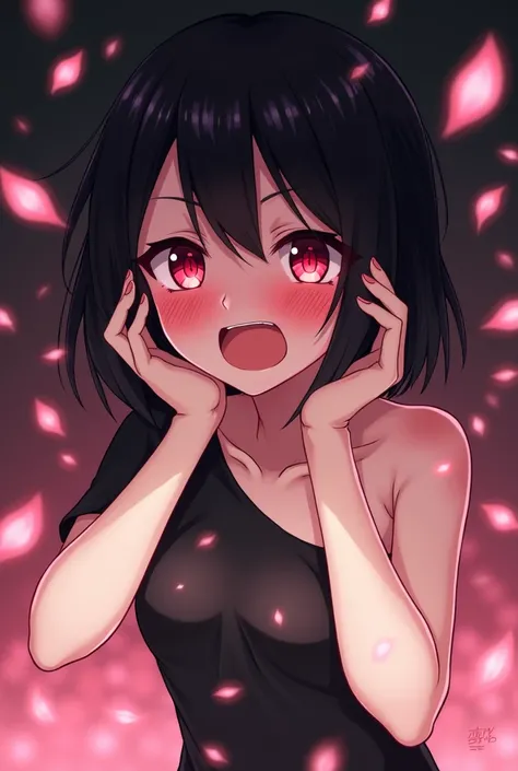  Black Hair Bob Cut 、sparkling red hanging eyes 、 with strong feelings、black shoulder one-piece dress、Cute slender woman with big, shining sad eyes closed slightly 、Gap Moe Yandere、 Self-Destructing Art 、 putting hands on both cheeks with both hands 、 red ...