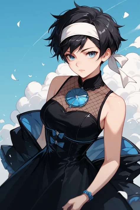 woman, blue eyes, short black pixie style hair, black dress, white headband,Black hair,Anime style