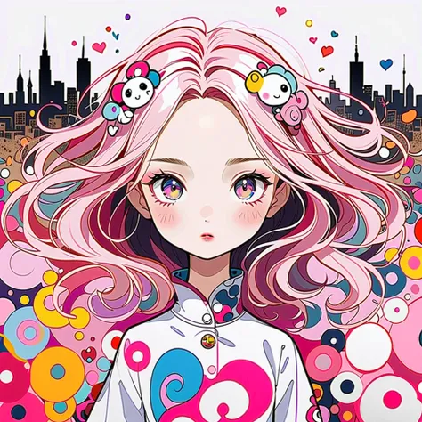 Takashi Murakami pink and white style,  simple line abbreviation，Abstract Art，City background, (((The most beautiful girl))), Sweet face. Lips of Love, Colorful Heart, Fashion design