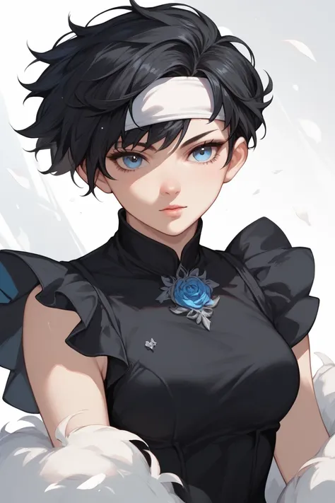 woman, blue eyes, short black pixie style hair, black dress, white headband,Black hair,Anime style