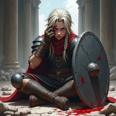 Boy, Sitting on the cracked floor of the castle ,  on one knee and holding his right eye with his right hand,  with a bloody scar .  Purple strict eyes are full of rage , and silvery long hair stained with blood is woven into a braid.  in his left hand he ...