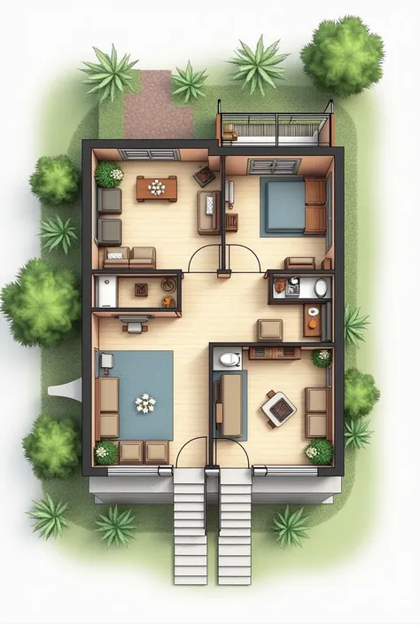 Design a 6 meters by 16meters house with a living, dining, kitchen, small toilet and bath, and two bed rooms. With a stair leading to the upper floor