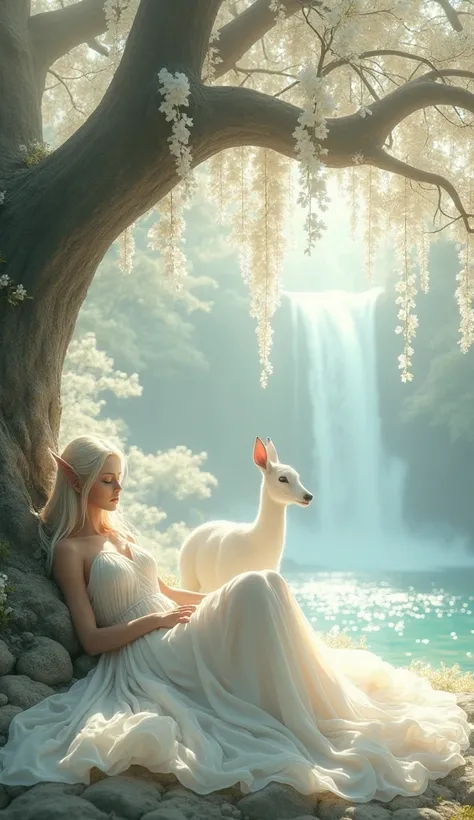 This image portrays a tranquil and enchanting scene bathed in warm white tones. A woman elf lies gracefully beneath a canopy of white-hued foliage, exuding an air of peace and elegance. A white medium deer in front of a woman, She wears a delicate, flowing...