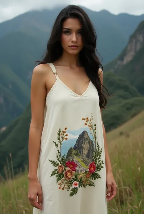 A dark-haired woman wearing a recycled white dress made of sacks .  She wears a dress with the cantuta flower and an embroidered image of Machu Picchu 