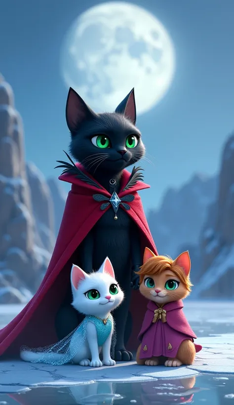 , a black cat with shiny fur and sharp green eyes, the enemy character . Wearing a red cloak decorated with black feathers . 
, a white cat representing Elsa with Frozin and a brown cat representing Anna Pfrozin standing side by side.  Elsa wears an icy bl...