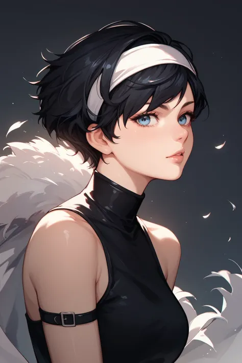 woman, blue eyes, short black pixie style hair, black dress, white headband,Black hair,Anime style