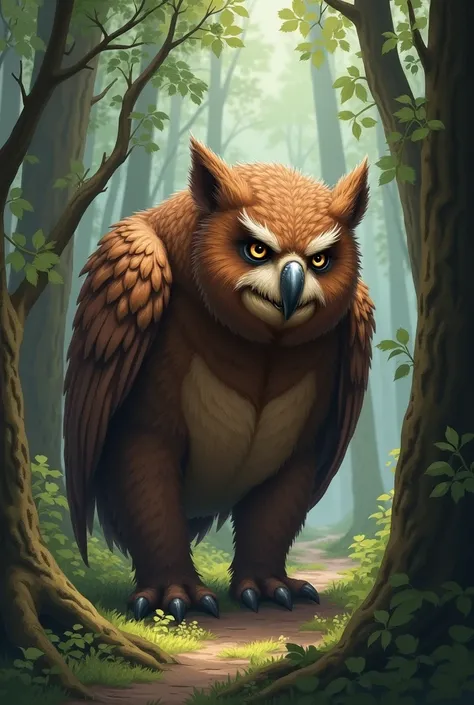 Digital illustration of an owlbear from the fantasy setting of dungeons and dragons and inspired by the official artworks. It is standing on all fours in a forest, with its visible wings lying on its back, while looking at the viewer. Its size is 3 meters ...