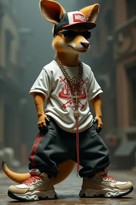 

I imagine the mischievous kangaroo as a hip-hop :

- With an inverted baseball cap
- Dark sunglasses
- Gold chain and crosses
- Huge sneakers
- Large t-shirt with brand logos
- Loose and low pants with rap movement