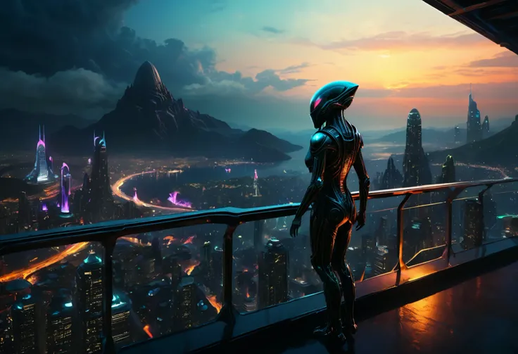 (best quality,4k,8k,highres,masterpiece:1.2),ultra-detailed,(realistic,photorealistic,photo-realistic:1.37),alien landscape,beautiful alien standing on a balcony,overlooking the futuristic alien city,futuristic buildings and glowing lights [sci-fi],vibrant...