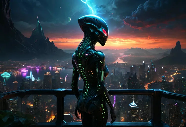 (best quality,4k,8k,highres,masterpiece:1.2),ultra-detailed,(realistic,photorealistic,photo-realistic:1.37),alien landscape,beautiful alien standing on a balcony,overlooking the futuristic alien city,futuristic buildings and glowing lights [sci-fi],vibrant...