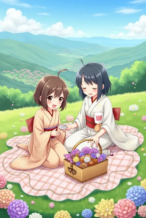 Scene 2: Miko and Mochi have a picnic

- Image prompt: Miko and Mochi having a picnic on a mountaintop, surrounded by colorful flowers.
- Visuals: Miko and Mochi sitting on a blanket, flowers blooming, picnic basket, happy expressions.