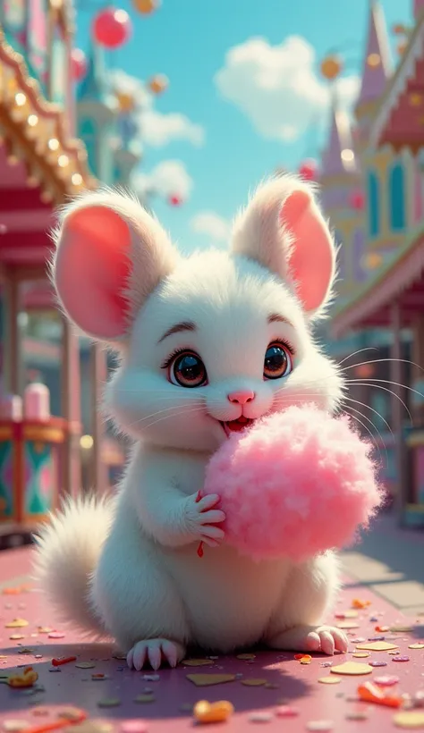 Masterpiece. Mysticism. Dynamic plot. Double exposure. Collage of color sketches. Anthorpomorphic Cute chinchilla selling cotton candy. Amusement park, attractions. colorful, perfect composition, beautiful detailed complex insanely detailed octane render, ...