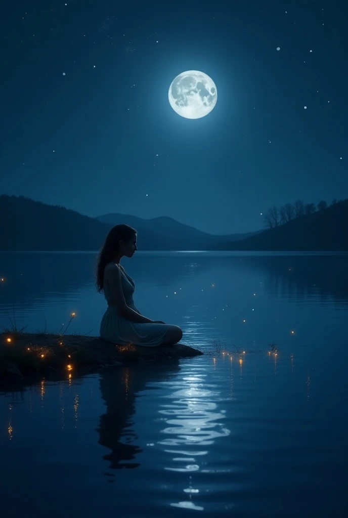 Woman perched gracefully on the edge of a serene lake under the glow of moonlight, surface of water mirroring the celestial dance, fireflies weaving an ephemeral halo around her, night sky, high contrast between dark blues and silvery moonlit areas, reflec...