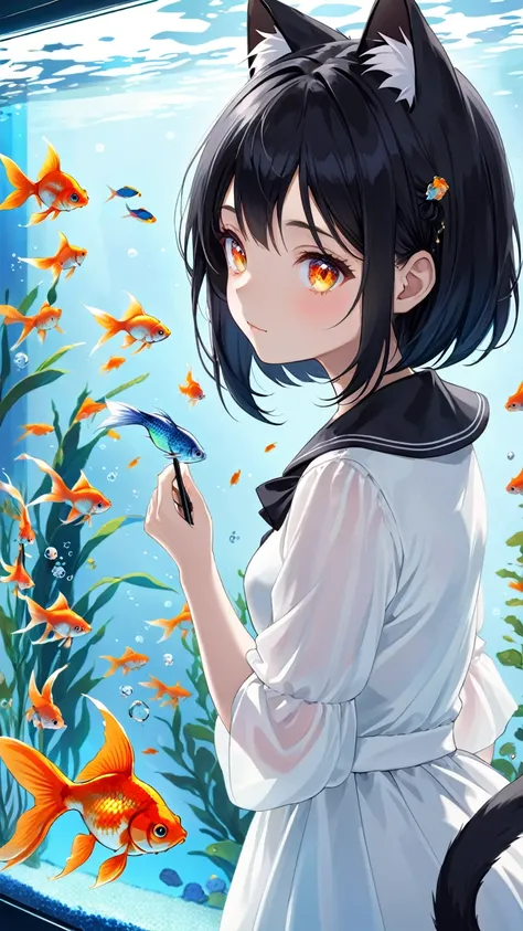 Black hair, cat ears, cat tail, aquarium, goldfish, sparkling eyes, girl gazing at aquarium