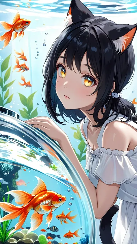 Black hair, cat ears, cat tail, aquarium, goldfish, sparkling eyes, girl gazing at aquarium