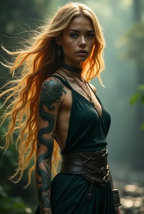 A dark-skinned blonde woman with a dragon tattoo on her right arm 