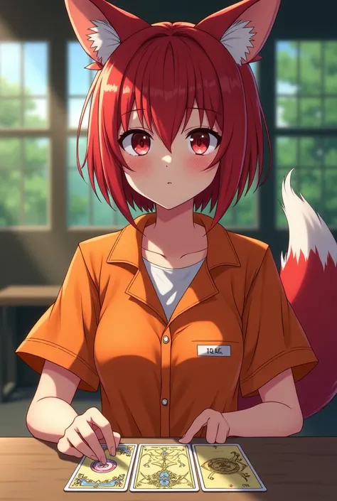 the adult prisoner fox women, red short hairstyle, red fox ears, red fox tail, red eyes color, orange prison jumpsuit, She is reading tarot cards on the table, in the gazebo prison backyard,  daytime, anime style