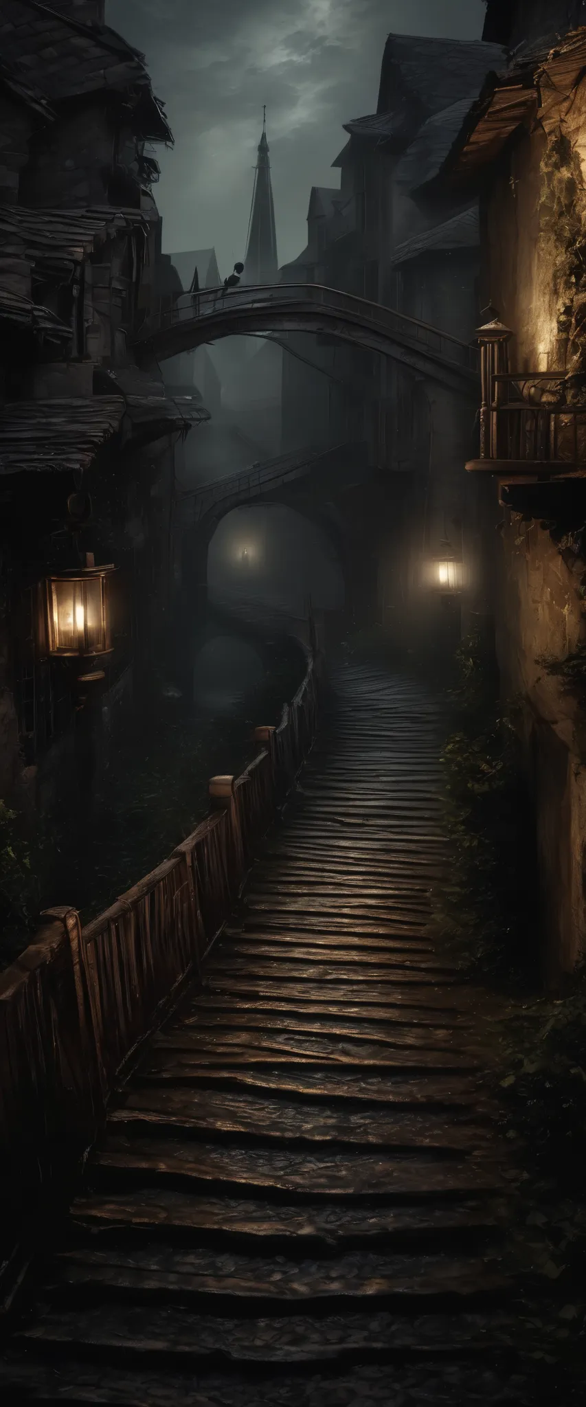 plano general,  dark and mysterious wooden bridge surrounded by a fog :1.5 ,  at the end of the bridge there are stairs that lea...