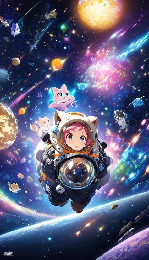 Cartoon illustration of a boy and a girl in space with cat, Official Fan Art, in space, kitten in outer space, in outer space, in deep space, In the Galaxy, deep space exploration!!!, space travel, Wearing the Stars and Planets, outer space, outer space, s...