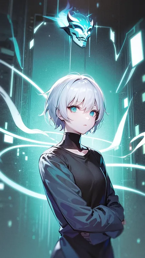 1 , casual outfit, cyan eyes, short hair, white hair, mask, demon mask, matrix background.