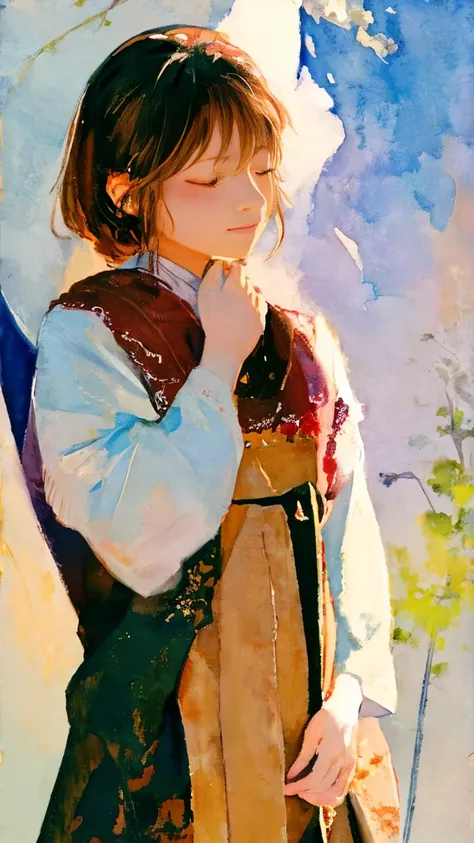 watercolor paiting、Pale shades、Beautiful colors、parfect anatomy、cowboy  shot、Girl Closing Her Eyes、Cute  s