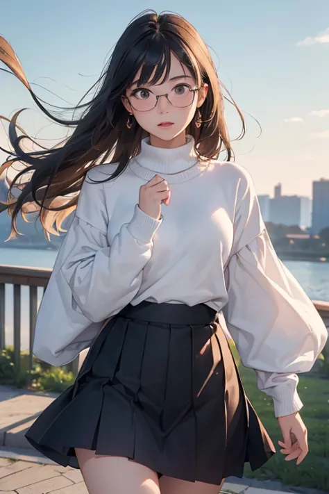 (( best quality)), ((傑 best quality、masterpiece、High sensitivity、 high definition 、詳細な描写、 Delicate Facial Description)), Slender woman、Glasses、 jumper skirt、A strong wind is blowing、Hair gets messy、 turn your skirt over 、Hold down skirt with hands、