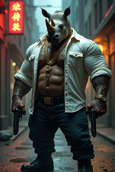 A humanoid rhino character portrayed as a mafia boss in a gritty urban environment. The character has the muscular physique of a gangster, wearing a partially unbuttoned white shirt with rolled-up sleeves, exposing gold chains and jewelry around its neck. ...