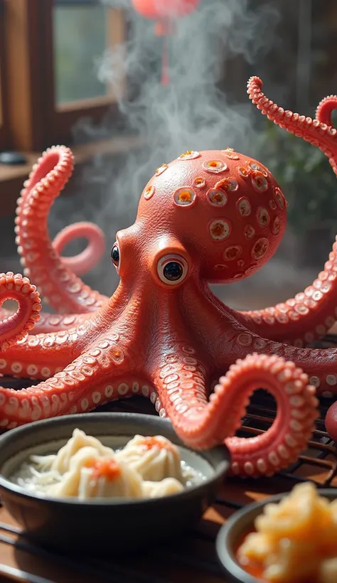 An Octopus in front with Dumplings in the kitchen background