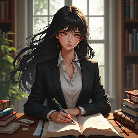 Draw a black-haired girl with a lot of academic achievements.