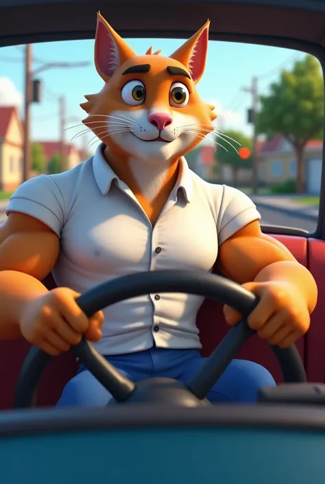 A 3d cartoon " A white and brown giant male slim handsome bodybuilder cat who wears white shirt and blue pent is going to his home road by driving his car after office in evening