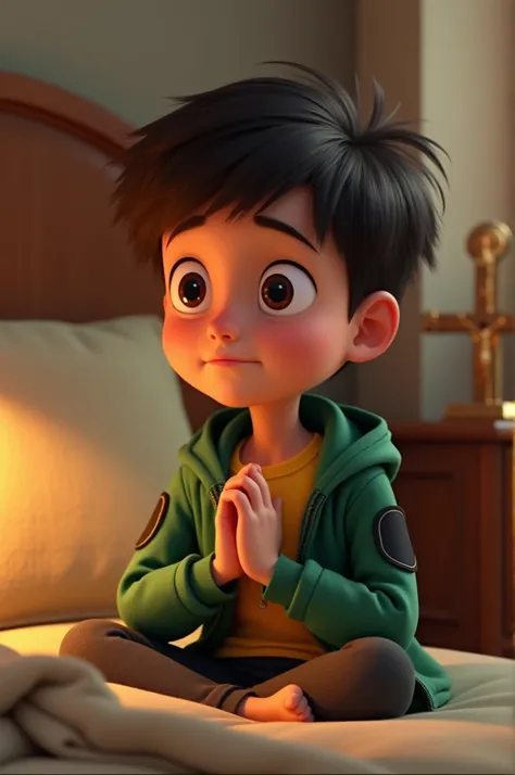 " Generate a Pixar-style image of a boy in his room .  The boy wears a green jacket with black patches on the sleeves and a yellow t-shirt with a small embroidered cross near the neck. He is in a prayer position , with hands crossed,  looking at a crucifix...