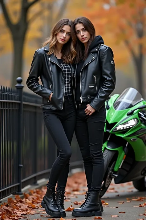  Original photo of young romantic couple
Stand together in the urban
outdoor setting ,  are surrounded by a
background of trees with autumn
foliage .  The couple is wearing
black leather jacket
and boots ,  creates an edgy style
See .  They are standing cl...